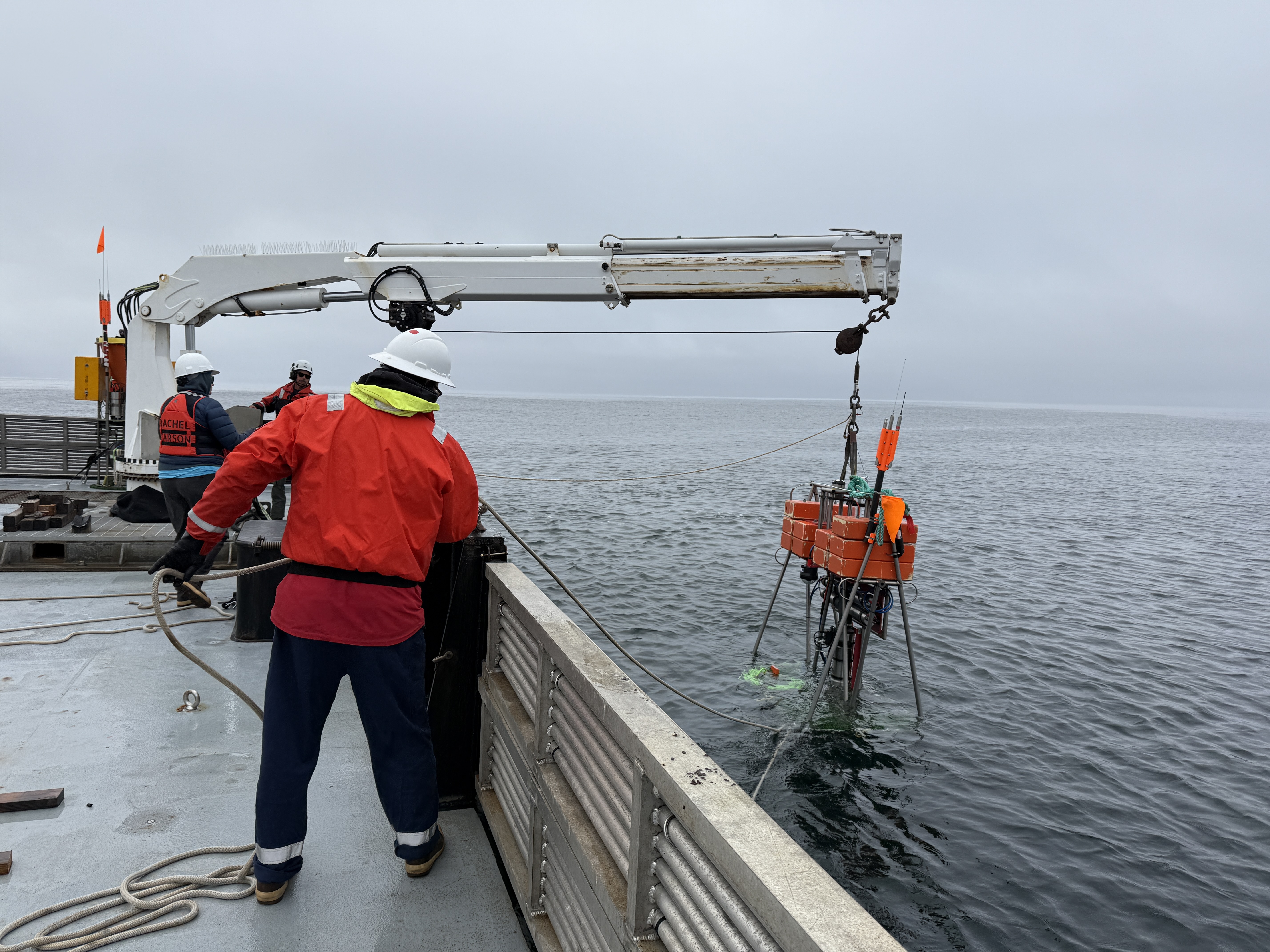 MBARI marine operations crew deploys a scientific instrument over the side of a research ship. The crew members are wearing white hard hats, orange life vests, and black pants. The scientific instrument has a silver metal frame topped with an orange foam float. The instrument is suspended from a white metal crane and is being lowered into the water. In the background are blue-gray ocean and gray overcast sky.