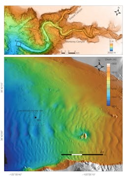 A map of Monterey Canyon (top, labeled A) and a detailed map of study site (bottom, labeled B).   The map labeled A shows the continental shelf in pale orange and twists and turns of Monterey Canyon in a gradient of orange, yellow, green, blue, and purple. The canyon starts at orange to the right, with its deepest reaches on the left represented in purple. A label for “Soquel Canyon” is below a branch of the canyon and a label for “Monterey Canyon” is below the main canyon channel. On the left side is a black box labeled “B.” On the bottom is a black-and-white striped scale bar marked with 0, 1, 2, and 4 kilometers. To the top right is a compass with four points with “N” marking north and pointed diagonally to the right. To the bottom right is a depth legend with a rectangle with a gradient of white, orange, yellow, green, blue, and purple that represents 0 meters (top) and 2,050 meters (bottom).  The map labeled B shows a detailed section of the Monterey Canyon map above. This map shows a depth gradient—represented right to left (shallow to deep) by shifting colors from orange to yellow to green to blue—and the rippled texture of the seafloor. A box with dashed black lines is labeled “Low-altitude survey site” and contains a single small black dot that reads “SIN” denoting the location of the Seafloor Instrument Node. On the bottom is a black-and-white-striped scale bar marked with 0, 100, 200, and 400 meters. At the top right are a compass with four points with “N” marking north directly above and a depth legend with a rectangle with a gradient of white, orange, yellow, green, blue, and purple and notches marking 1,800, 1,810, 1,820, 1,830, 1,840, and 1,850 meters. Outside the map are labels for latitude on the left (36°42’00’’ and 36°42’15’’) and longitude (-122°05’45’’ and -122°05’15’’).