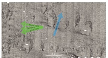 A grayscale image of seafloor texture. Scours in the sediment are outlined in black dashed lines. Three green arrows point to the left and represent the flow of turbidity currents with labels for January 15, 2016, September 1, 2016, and February 3, 2017. A blue arrow labeled “peak tides” points diagonally to the right and represents the movement of internal tides. A white scale bar at the bottom represents five meters.